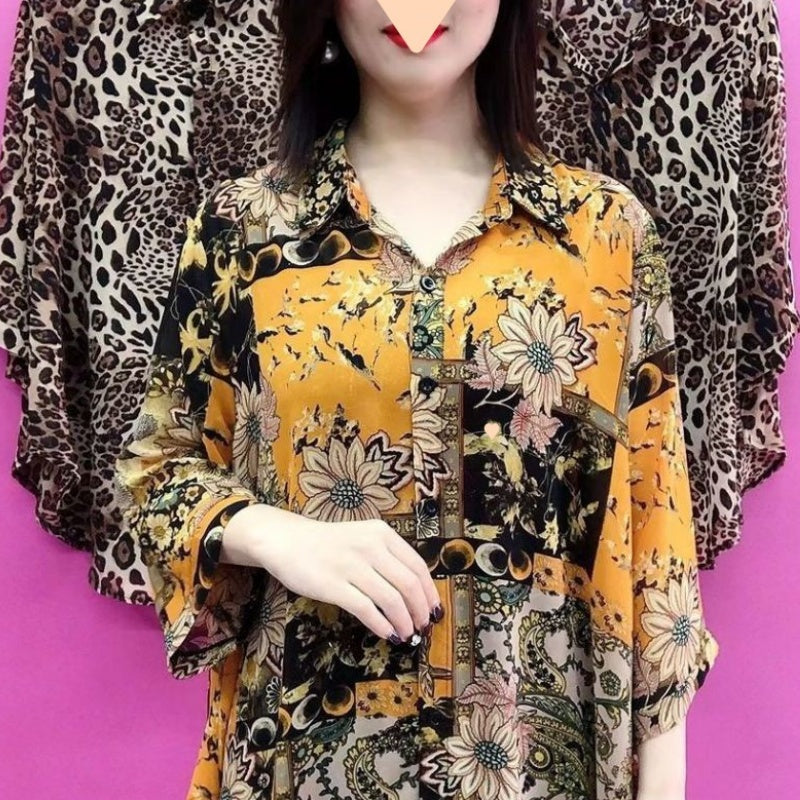 Women’s Printed Loose Thin Mid-Length Lapel Shirt